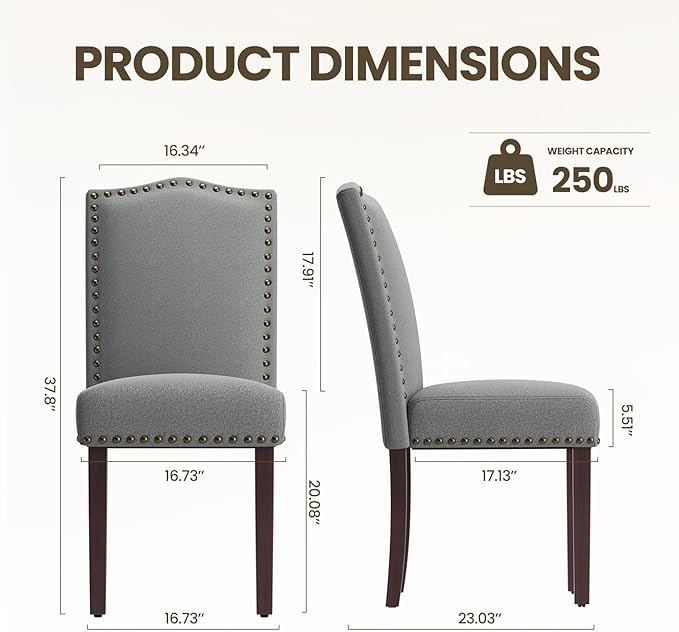 COLAMY Grey Upholstered Parsons Dining Chairs Set of 2,Comfortable Foam Seat, Classic Nailhead Trim, Solid Wood Legs, Stable & Easy to Assemble for Dining Room, Kitchen, Living Room & Café