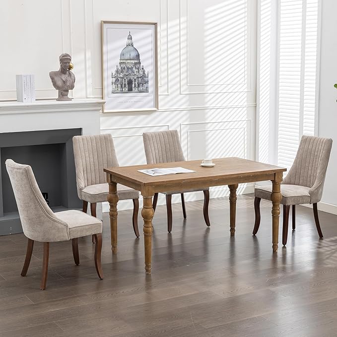 Beige Mid Century Dining Chairs Set of 6, Modern Kitchen & Dining Room Chairs Set of 6, Fabric Upholstered Kitchen Chairs, Sillas de Comedor, Wood Legs (Beige, 6 Pcs)