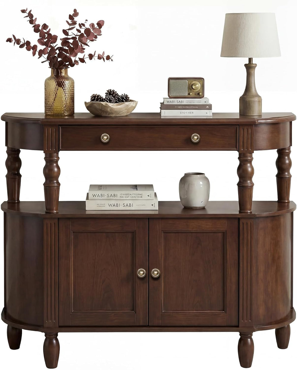 Curved Console Table with Solid Wood Legs, 47" Half Moon Sofa Table with...