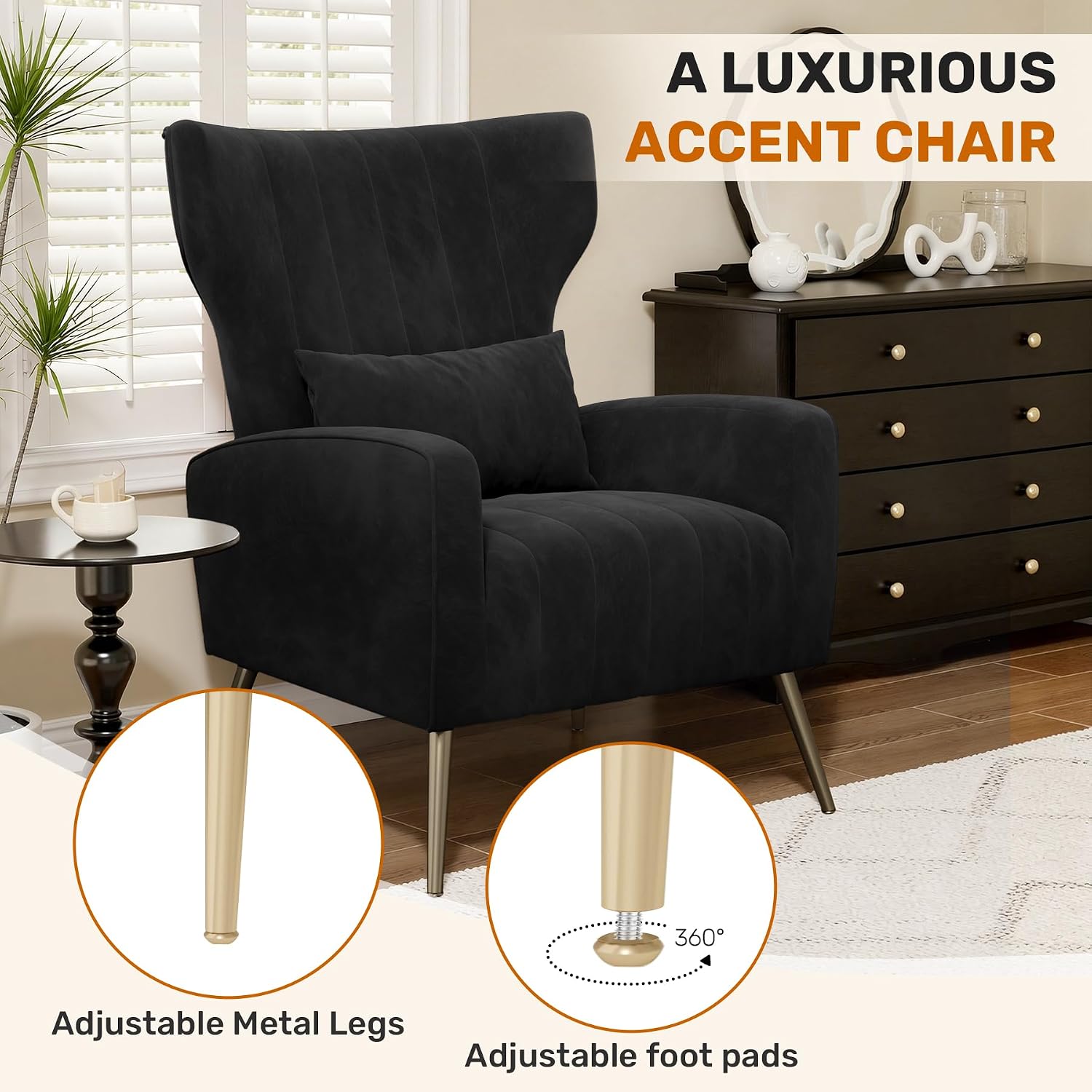 Luxanimarion Velvet Accent Chair Wingback for Living Room, High Back Arm Chair with Golden Legs Lumbar Pillow, Upholstered Single Sofa Bedroom Black