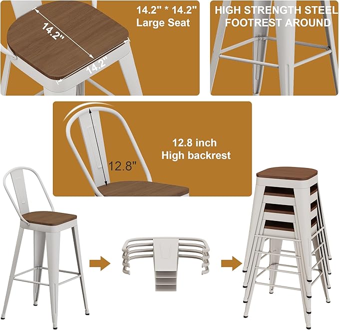 Andeworld Metal Bar Stools Set of 4, 30 inch Bar Height Barstools with Backs Farmhouse Modern High Back Bar Stools with Larger Seat Kitchen Dining Bar Chairs,Off White