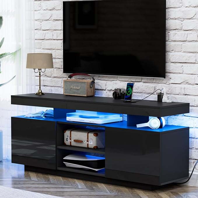 HOMMPA Modern LED TV Stand for 65/60/55 inch TV with Power Outlets - Gaming Console Storage Entertainment Center with LED Lights - Black