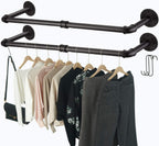 Industrial Pipe Clothes Rack with 3 S-Shaped Hooks, 36’'L Wall Mounted Garment Rack, Heavy Duty Iron Garment Bar, Clothes Hanging Rod Bar for Laundry Room, Max Load 135Lb Black (2 Package)