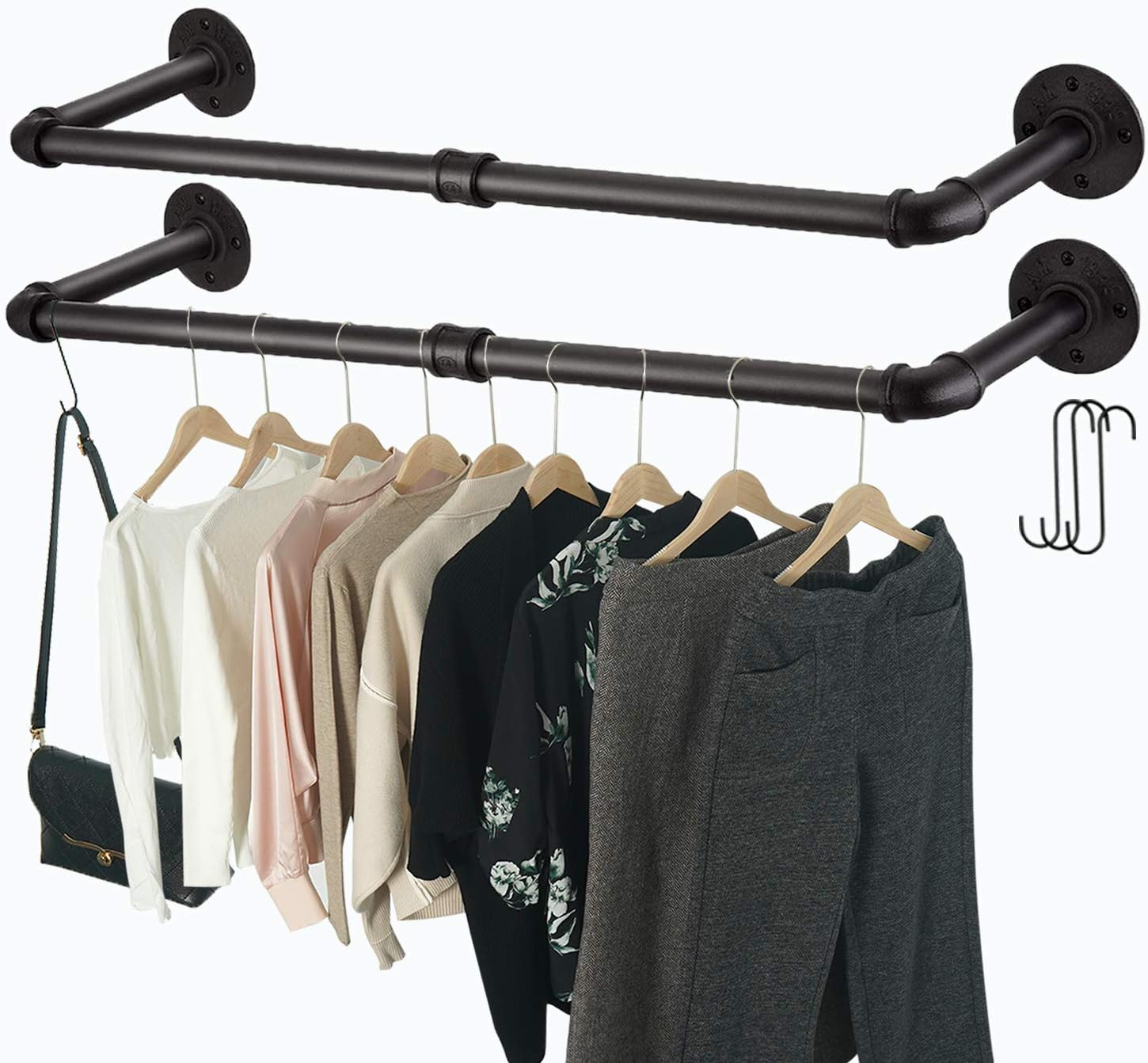 Industrial Pipe Clothes Rack with 3 S-Shaped Hooks, 36’'L Wall Mounted Garment Rack, Heavy Duty Iron Garment Bar, Clothes Hanging Rod Bar for Laundry Room, Max Load 135Lb Black (2 Package)