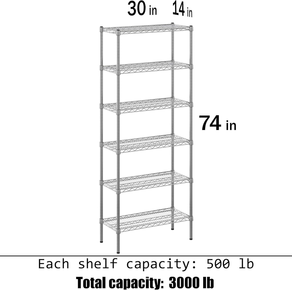 14" Deep x 30" Wide x 74" Height Wire Shelving Kit | 6-Tier | NSF Commercial Storage Rack Unit