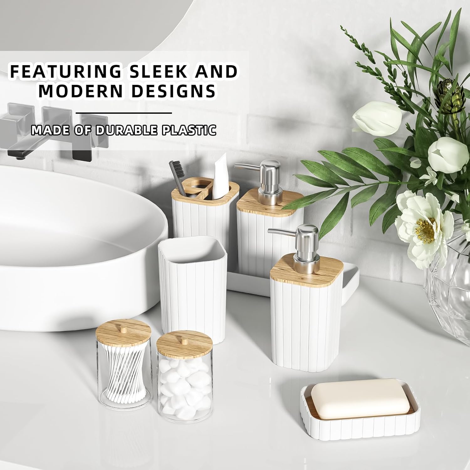 Bathroom Accessories Set - Elegant White Bathroom Set, 10PC Bathroom Accessory Set, Toilet Brush, Trash Can, Qtip Holder Dispenser & Soap Dispenser