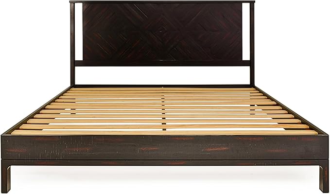 Bme Ethan King Size Bed Frame with Diamond Headboard, Rustic Mid-Century Modern, Solid Acacia Wood, No Box Spring Needed, Slat Support, Rustic Black