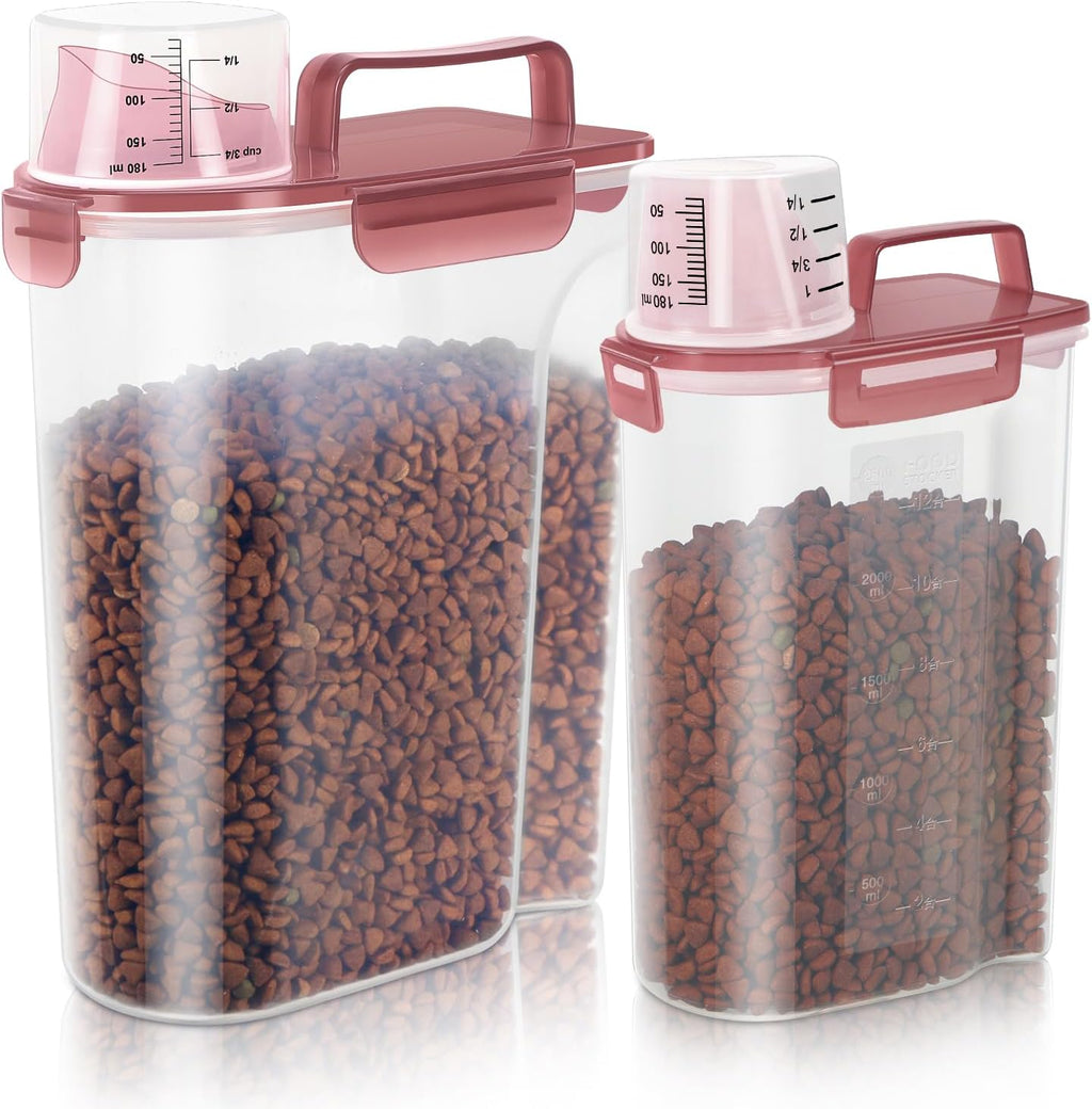 5-7Lbs Dog Cat Food Storage Container with Upgraded Large Nozzle BPA-free, 4 Snap Seals Plastic Pet Food Storage Containers with Handles (Clear Pink, (5L+3L) 2pack)
