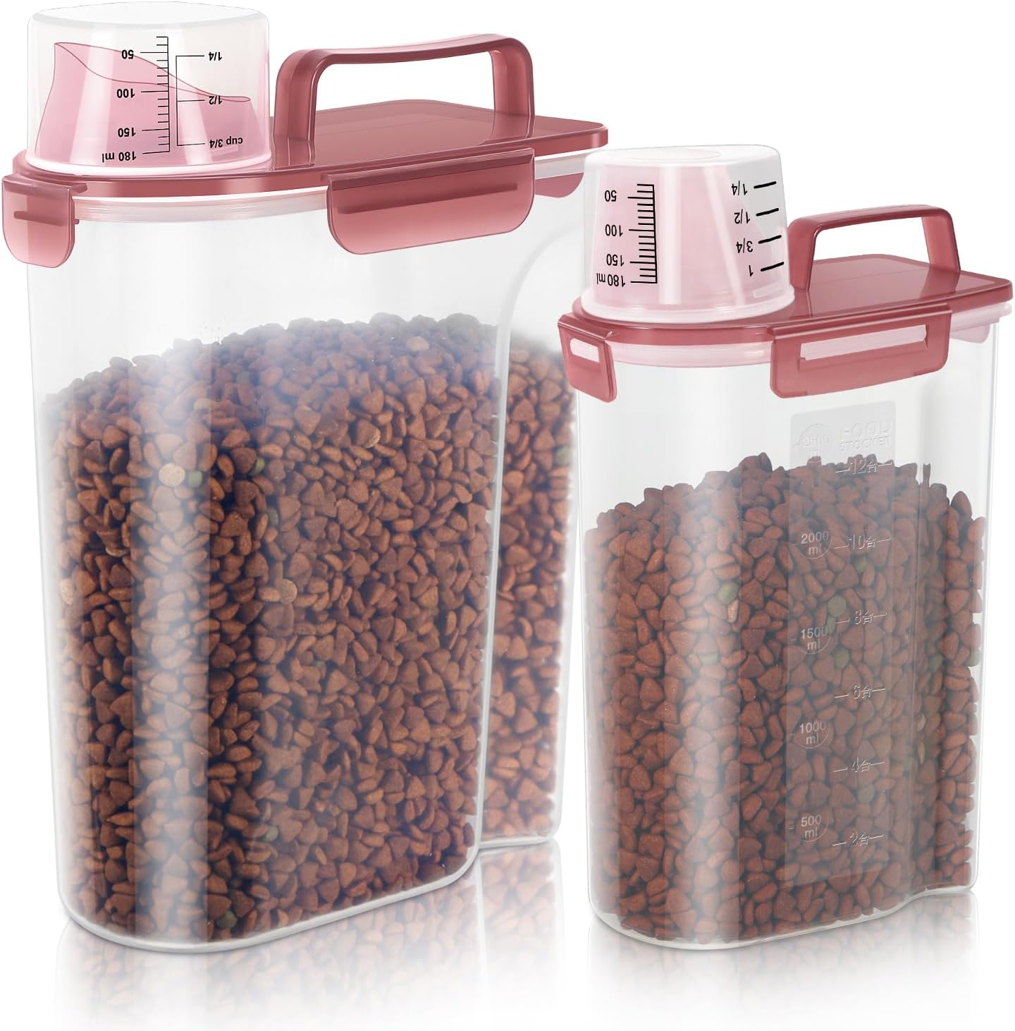 5-7Lbs Dog Cat Food Storage Container with Upgraded Large Nozzle BPA-free, 4 Snap Seals Plastic Pet Food Storage Containers with Handles (Clear Pink, (5L+3L) 2pack)