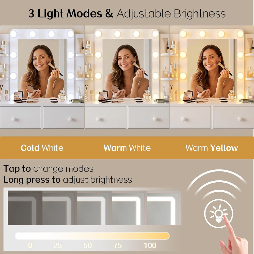 FUXA Makeup Vanity Desk with LED Mirror and Chair Set, White | 3 Lighting Mod...