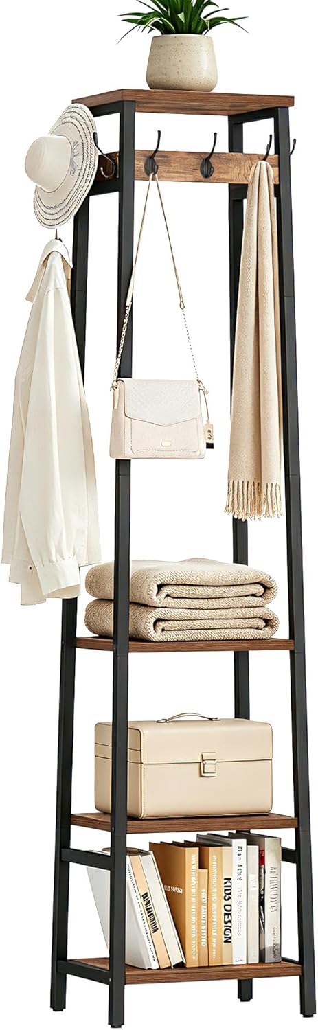 Coat Rack Freestanding, Coat Stand with 3 Shelves and 7 Hooks, Hall Tree Free Standing, Clothes Rack Stand Organizer, Industrial Style, Rustic Brown and Black
