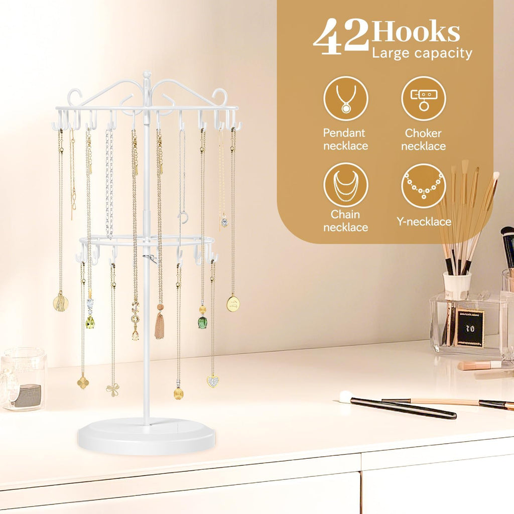MODOWEY Rotating Necklace Holder Organizer Display Stand with 42 Hooks, 2 Tier Adjustable Metal Tree for Long Necklace Hanger Selling, Tall Spinning Bracelet Storage Rack for Men Women, White