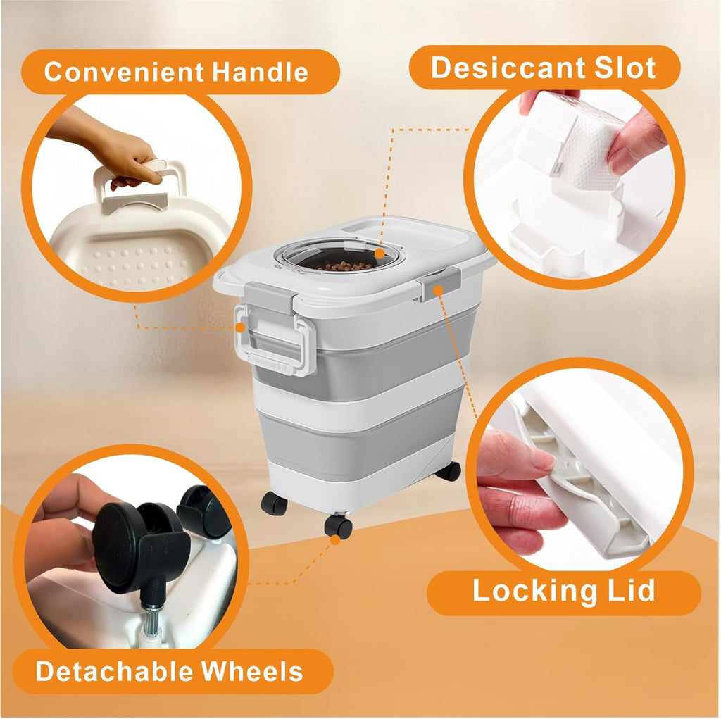 25–28 Lbs Airtight Collapsible Dog Food Storage Container with Wheels & Scoop – Foldable Pet Food Storage Container for Dog & Cat Food, Animal Food Storage, Dog Good Storage Container