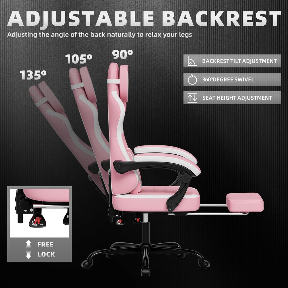 Ergonomic Gaming Chair with Footrest & Massage Lumbar Pillow, Height Adju...