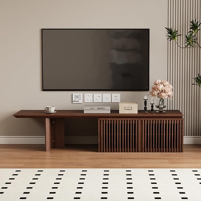XEW Extendable TV Stand with Storage and Shelves, Wood Entertainment Center for 55+ Inch TV, Modern TV Console, Minimalist Media Console for Living Room, Bedroom-Walnut (Extendable: 78.7"-110")