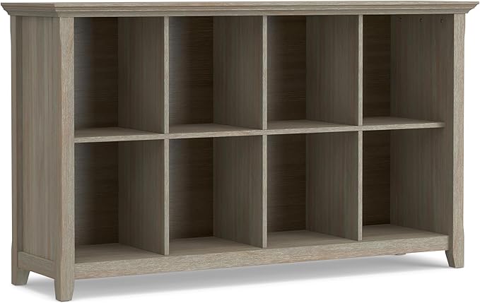 SIMPLIHOME Acadian Console Table - 57 Inch Wide Solid Wood 8-Cube Storage Sofa Table in Distressed Grey, Transitional Storage Unit for Living Room or Bedroom with Grooved Side Panels and Tapered Legs