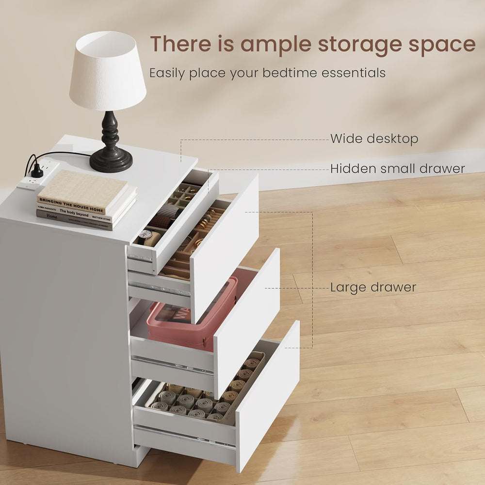 Nightstands Set of 2 with Charging Station and Hidden Drawer, 26"H, Whit...