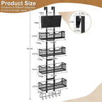 Adjustable Over The Door Organizer, Metal Hanging Door Storage with 4 Metal Baskets and PVC Pocket, Closet Door Organizer for Bathroom Bedroom Cabinet, Black