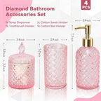 Pink Bathroom Accessories Set, 4 Pack Pink Bathroom Decor Accessory Sets Complete, Diamond Glass Soap Dispenser and Toothbrush Holder Set for Bath Counter Organizer Essentials