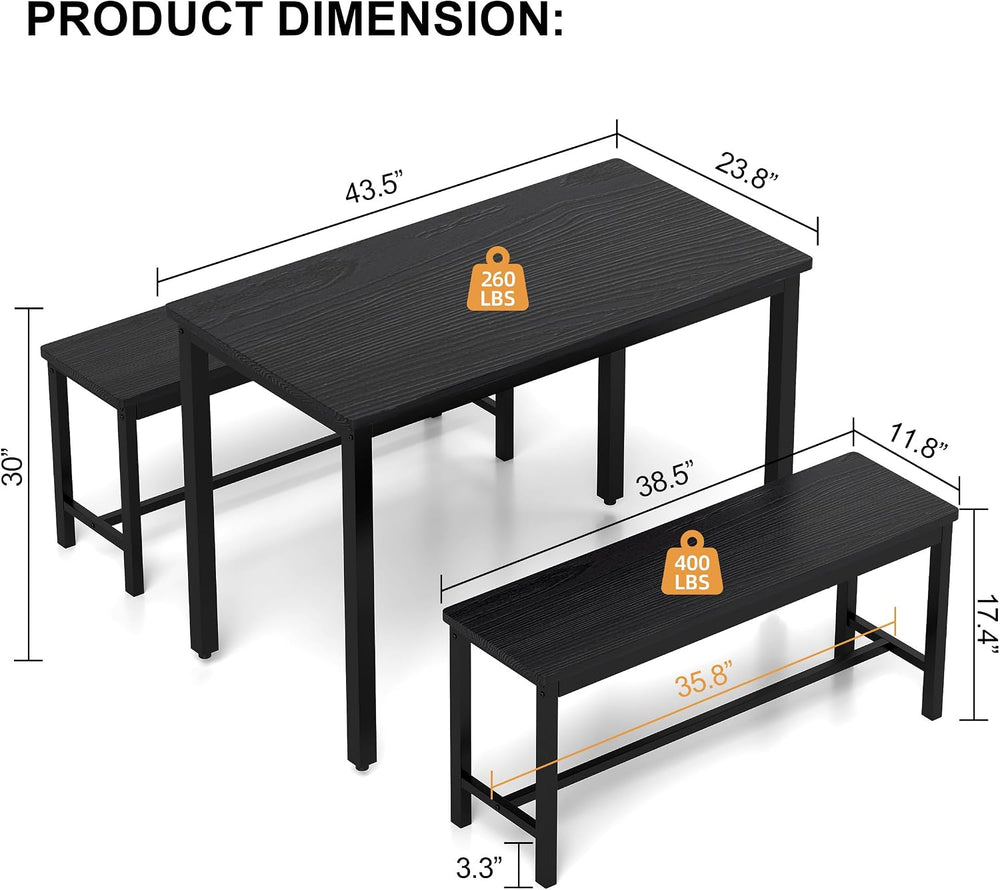 Dining Table Set for 4, Kitchen Table with 2 Benches, 3-Piece Wood Dining Roo...