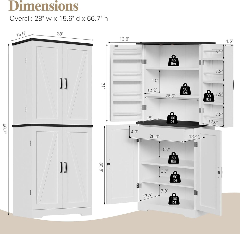 Vongrasig Kitchen Pantry Storage Cabinet with Barn Doors, Drawer and Adjustab...