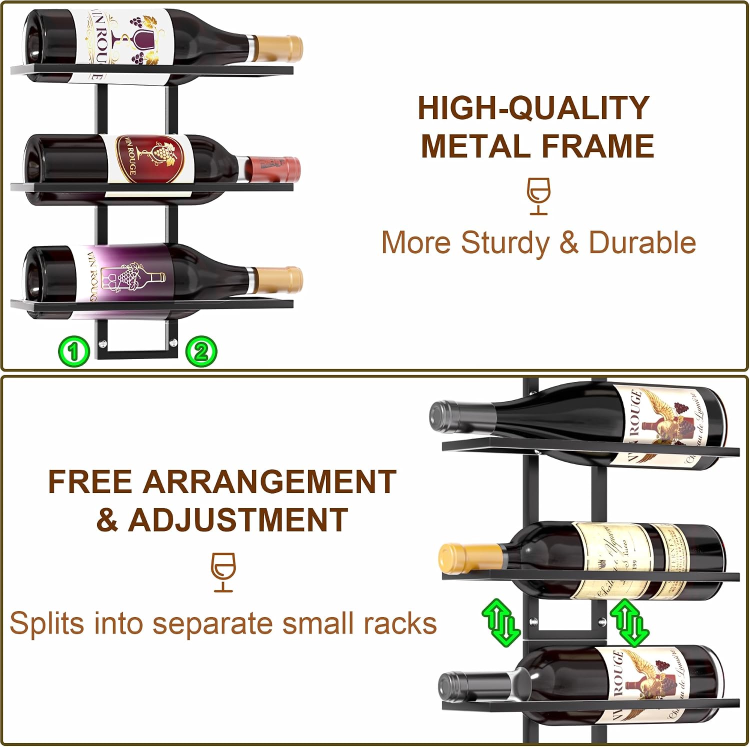 24 Bottles Wall Mount Wine Rack, DIY Detachable Wall Wine Rack, Metal Wine Storage Organizer Display Holder for Home Bar, Kitchen, Restaurant, Wine Cellar
