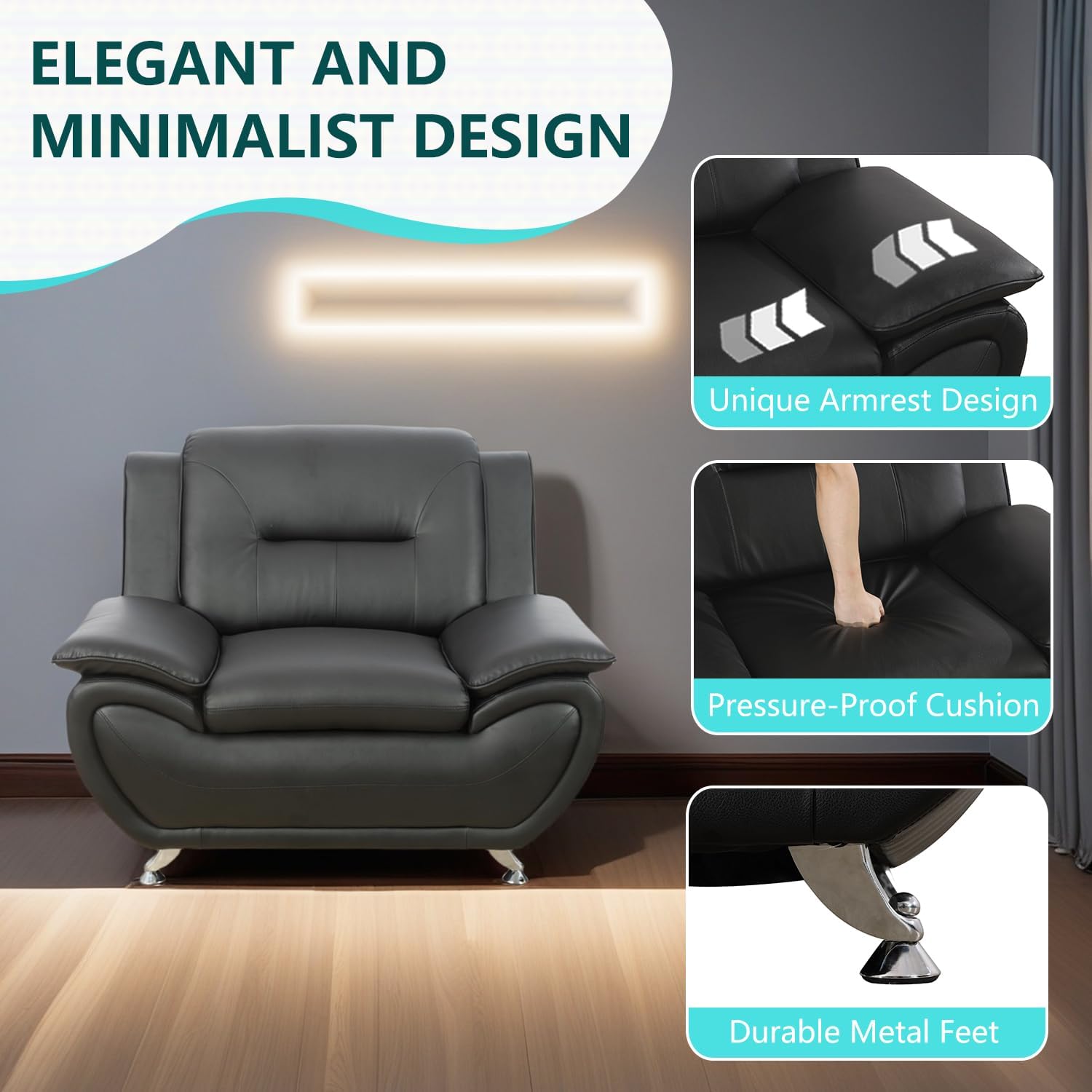 3 Piece Living Room Furniture Set, Contemporary Sectional Sofa Couches, Black Leather Sofa Set with Metal Feet, Faux Leather Modern Couch & 2 Chairs for Living Room/Office/Club, 3+1+1, Black#2