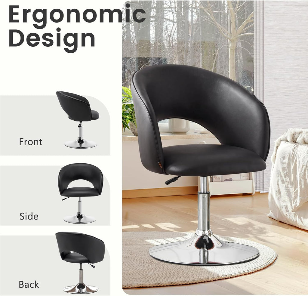 Furniliving Vanity Chair with Arm, PU Leather Chair for Vanity, Swivel Accent Chair, Adjustable Height Makeup Chair with Chrome Base, Living Room Chair for Bedroom, Makeup Room, Study Room, Black