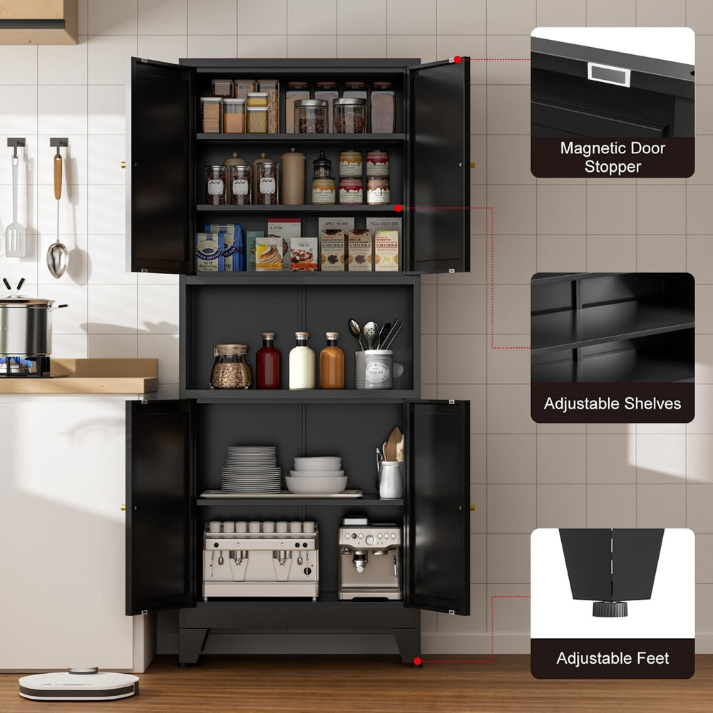 Metal Kitchen Pantry Cabinet, 69" Tall Black Storage Cabinet with 4 Door...