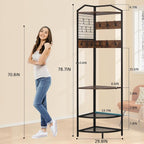 Corner Coat Rack, Hall Tree with Bench and Shoe Storage | Wood Entryway Organizer with 14 Metal Hooks, Freestanding Corner Shelves for Entryway, Hallway