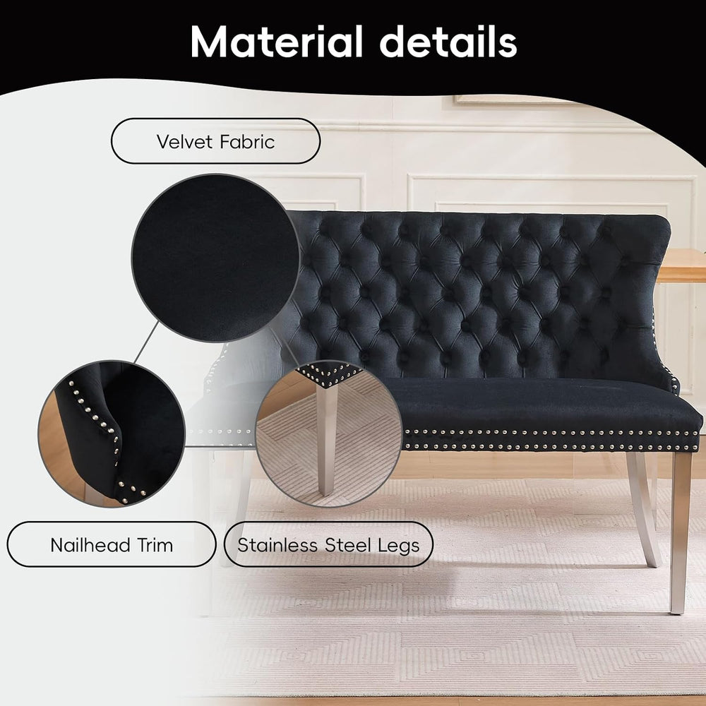 Black Velvet Dining Bench, Tufted Upholstered Dining Loveseat | Wing Back Sea...
