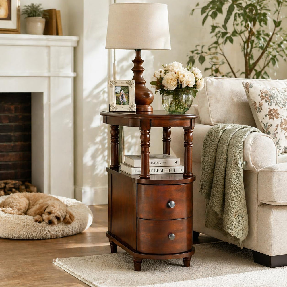 Narrow End Table with 2 Storage Drawers, Retro Vintage Sofa Beside Table, Woo...