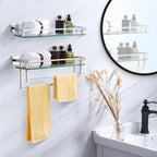 LANC Bathroom Shelf with Towel Bars - 20-Inch Silver Floating Tempered Glass Shelves with 2 Rails for Bathroom Kitchen Accessories Organizer Glass Rack Wall Mount Stainless Steel Chrome, A7617CP