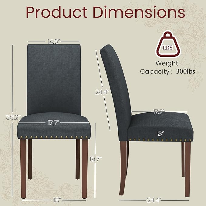 TLSUNNY Upholstered Dining Chairs Set of 2/4, Tufted Parsons Design with Nail Head Trim, Solid Wood Legs and Padded Seat, Comfortable Fabric for Dining Room, Kitchen (Gray, Set of 2)