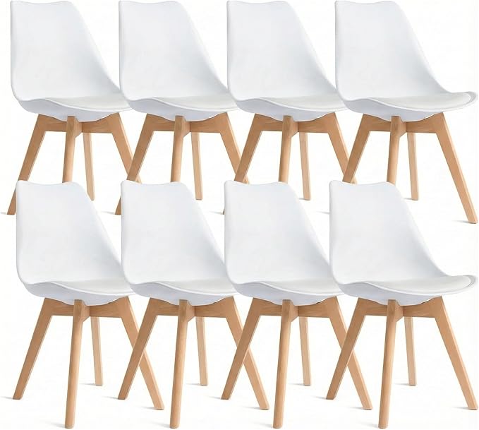 Dining Chairs Set of 8, Modern Upholstered Dining Room Chairs with PU Leather Padded Seat, Armless Kitchen Chairs with Curved Backrest and Solid Wood Legs for Dining Room, Kitchen, Apartment, White