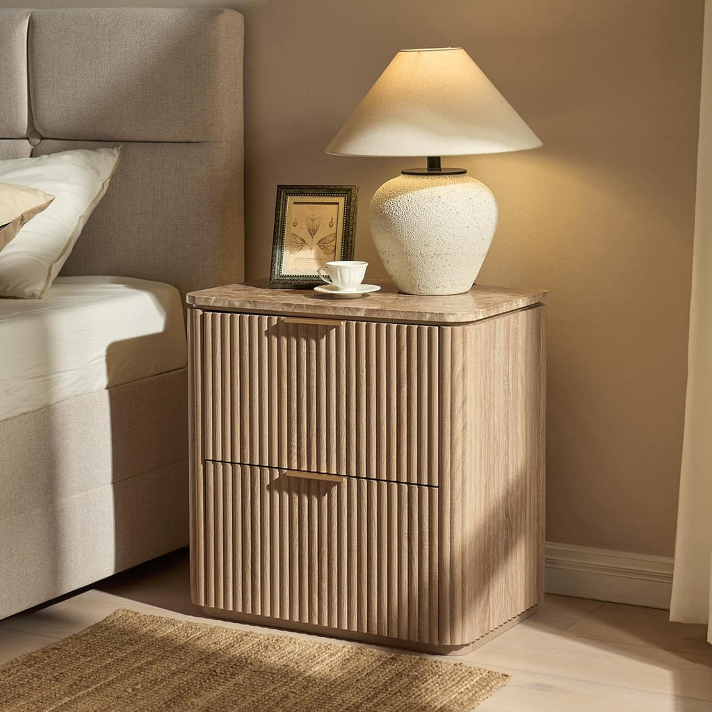 Fluted Nightstand Set of 2, Bedside Table with 2 Drawers, Engineered Wood End Table with Faux Marble-Top, Curved Corners, Metal Handle, Modern Night Stand for Bedroom, Small Spaces, Natural Oak