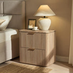 Fluted Nightstand Set of 2, Bedside Table with 2 Drawers, Engineered Wood End Table with Faux Marble-Top, Curved Corners, Metal Handle, Modern Night Stand for Bedroom, Small Spaces, Natural Oak