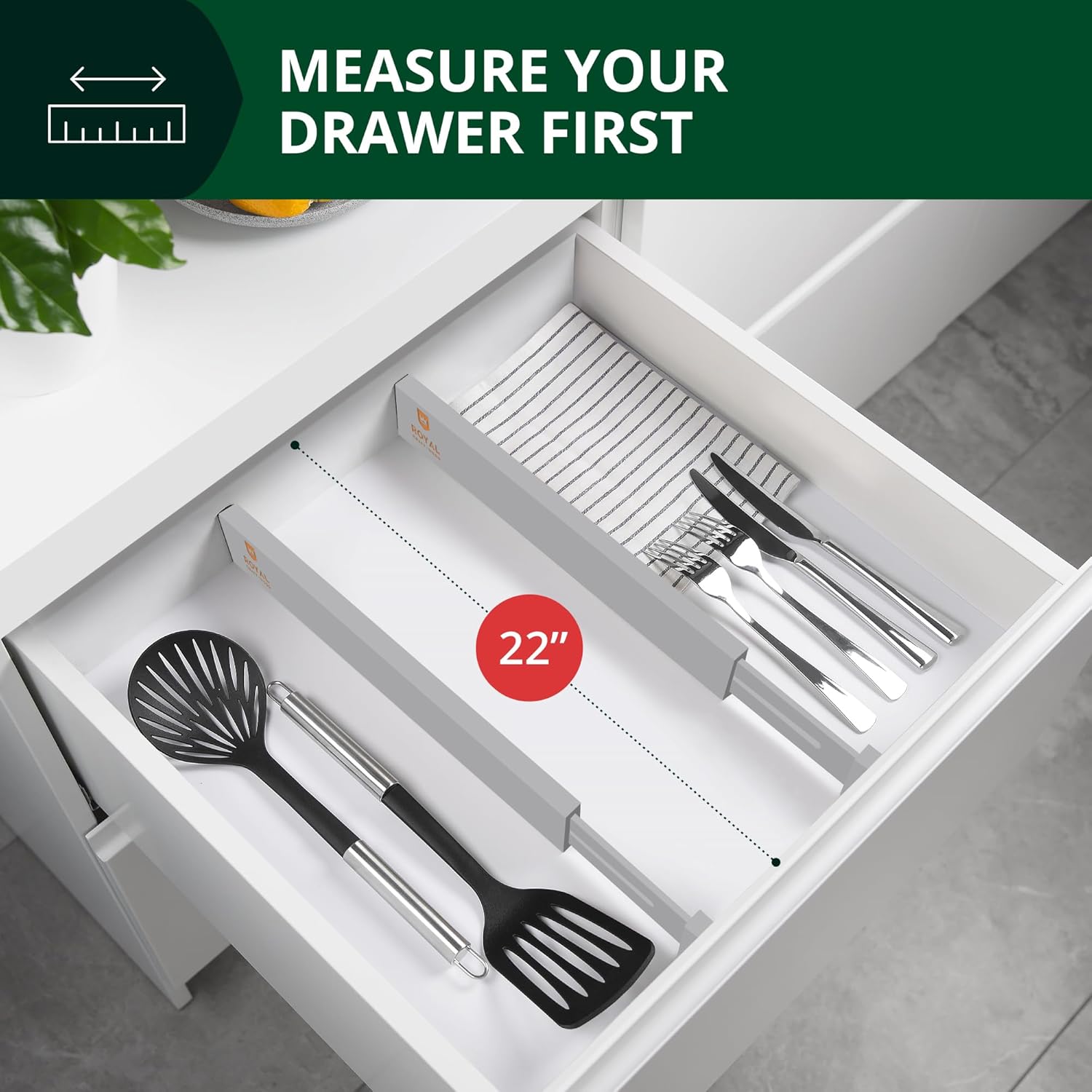 ROYAL CRAFT WOOD Adjustable Bamboo Drawer Dividers Organizers - Expandable Drawer Organization Separators For Kitchen, Dresser, Bedroom, Bathroom and Office, 4-Pack (Large (up to 22")) (Gray)