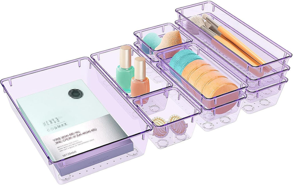 10 PCS Drawer Organizer Set, 4 Varied Size Bathroom and kitchen Drawer cabinet organizer Trays, Clear Storage Bins for Makeup, Jewelry, Utensils and Gadgets, Purple