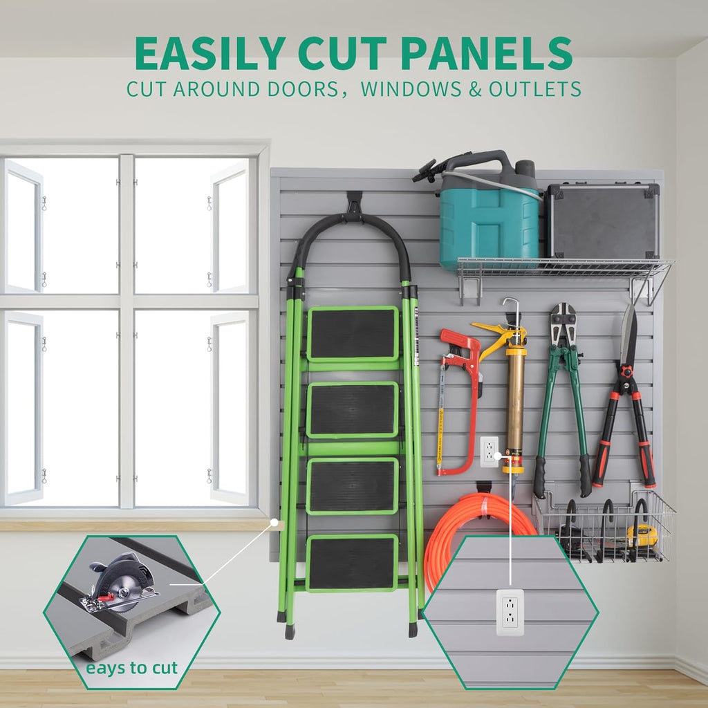 Slat Wall Paneling Garage Slat Wall Storage Systems, Slatwall Panels 4x4 ft Garage Tool Organizer Wall Mount, PVC Wall Panels Garage Wall Organizer Grey Slatwall Wall Panels for Interior Wall Decor