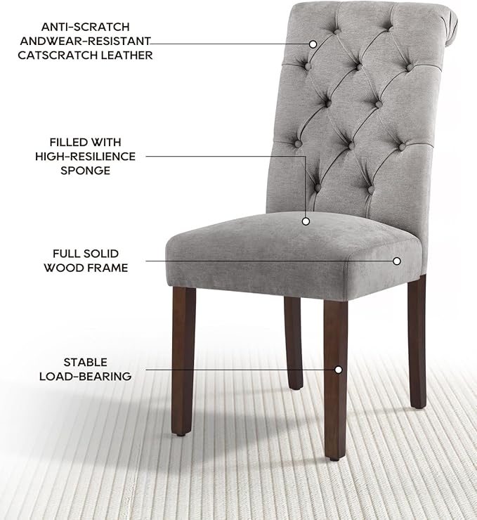 Dining Chairs Set of 6, Button Tufted Parsons Upholstered Chairs with Solid Wood Legs, Mordern Fabric Kitchen Chairs for Dining Room，Light Grey