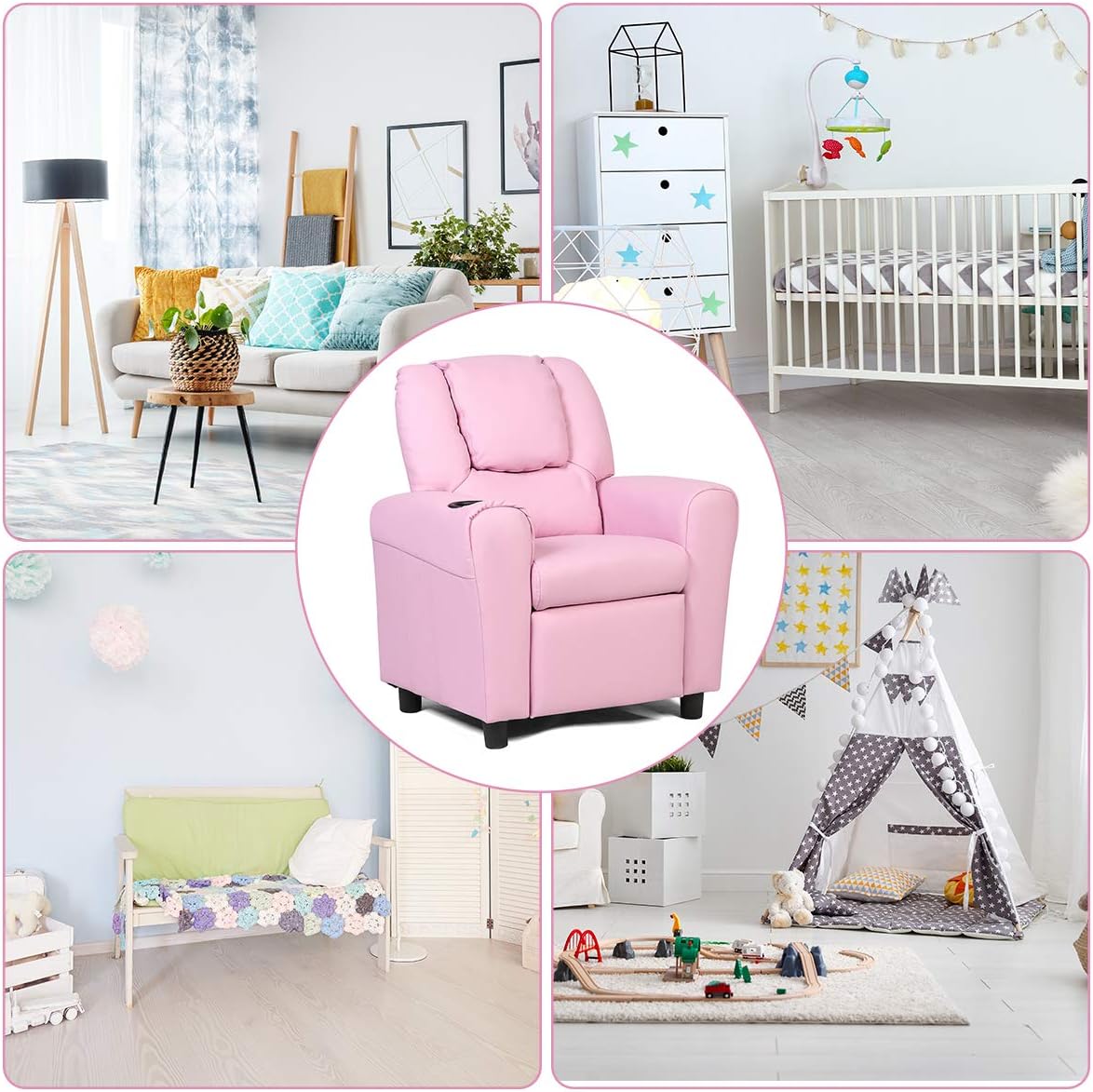 Costzon Kids Recliner Chair with Cup Holder, Toddler Room Furniture Children Armrest Sofa w/Headrest & Footrest for Girls Boys Baby Bedroom, PU Leather Couch (Pink)