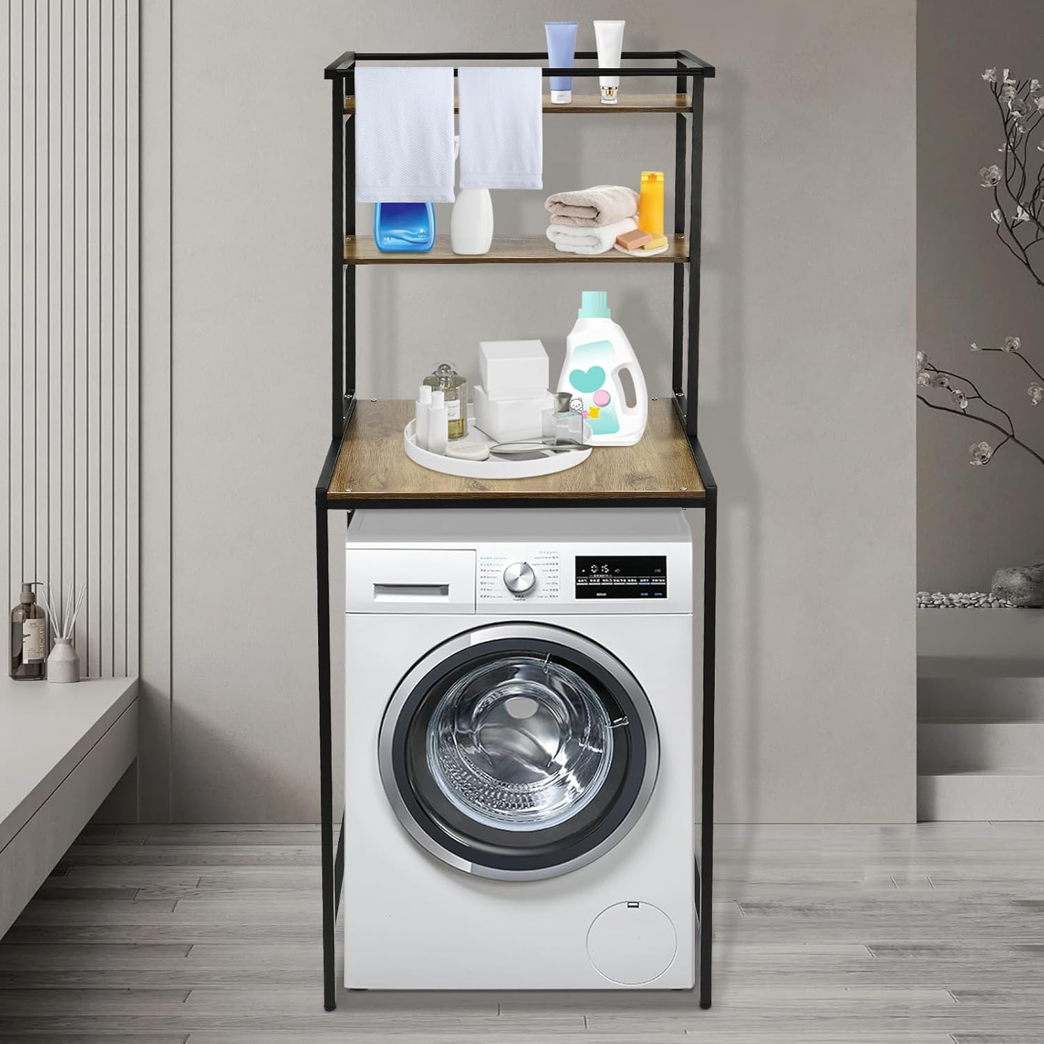 Over Washer and Dryer Shelves,Dryer Storage Shelf,3 Tiers Laundry Room Storage and Organizer Standing Shelf,Height Adjustable Laundry Room Shelves, Load-Bearing Capacity 22lbs (Black+ Oak)