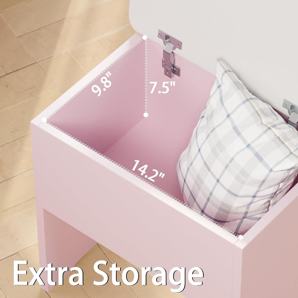 LIKIMIO Small Vanity Desk with Storage Stool and Mirror Lights | Pink compact...