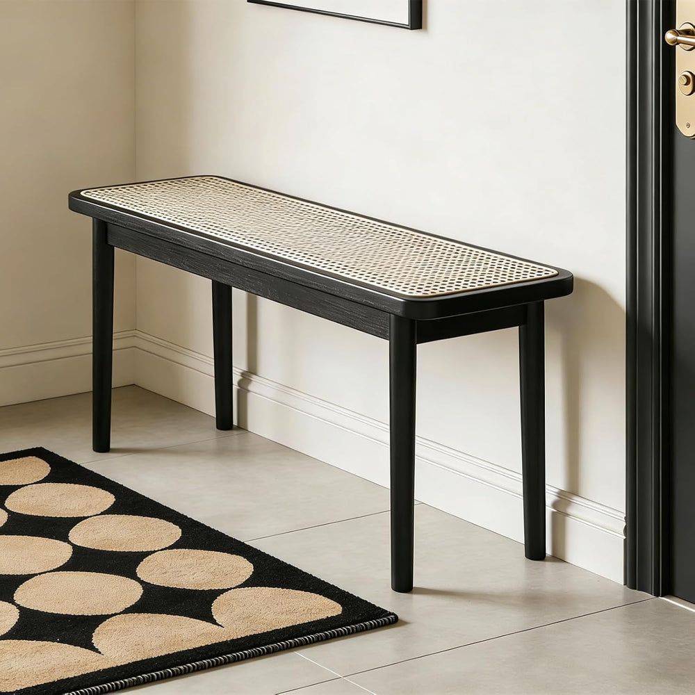 39 Inch Black Skinny Bench with Handwoven Rattan - Dining Bench, Solid Oak Fr...