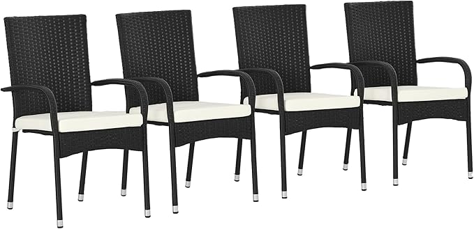 Outsunny Stackable PE Rattan Outdoor Dining Chairs with Cushions, Set of 4 Patio Wicker Dining Chairs with Armrests and Backrest for Patio, Deck, Cream White