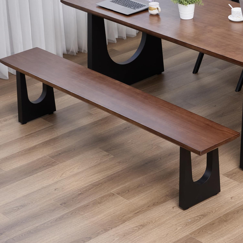 Walnut Color Long Bench Solid Wood Top Metal Legs U-Shaped Design Durable Stu...