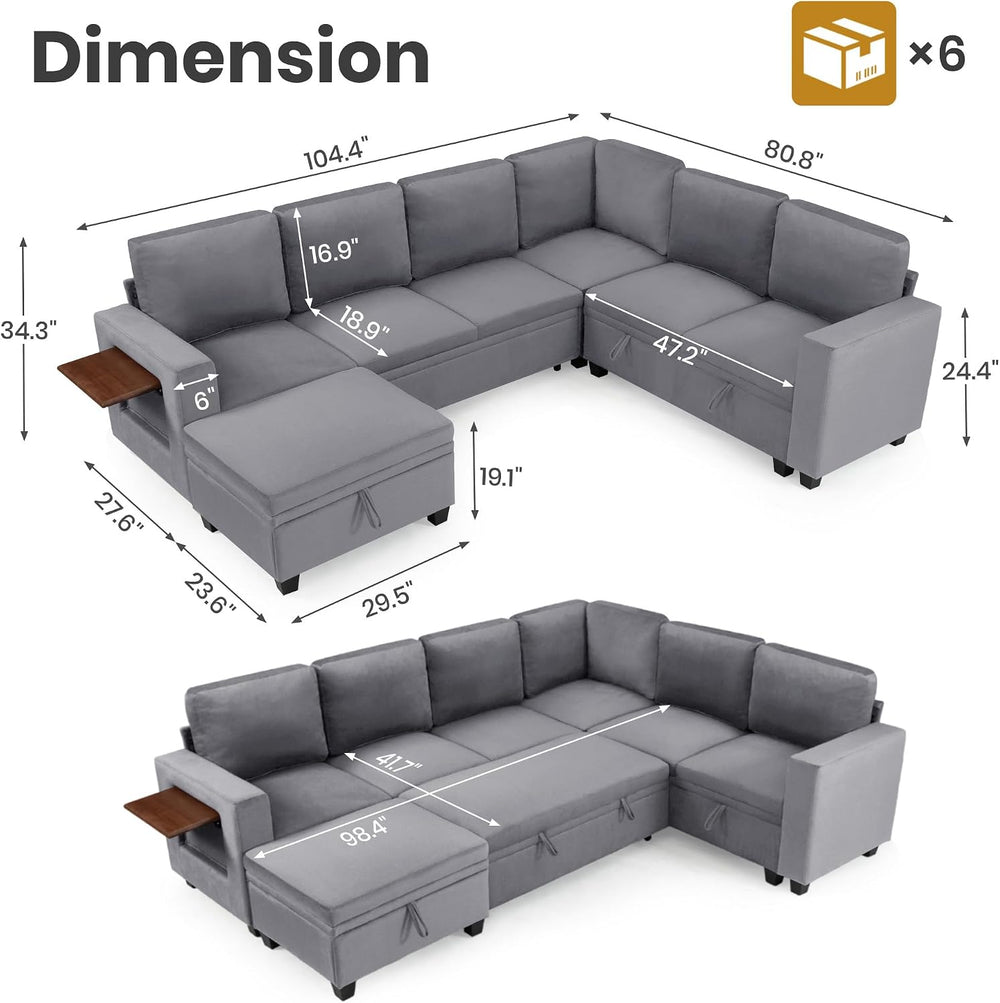105" Modular Sectional Sleeper Sofa with Pull Out Bed, U Shaped Couch wi...