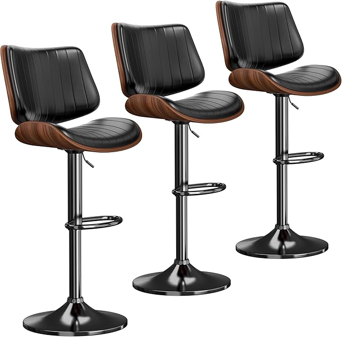 Swivel Bar Stools Set of 3, Adjustable Bentwood Barstools for Kitchen Counter, Modern PU Leather Upholstered Bar Chair with Back and Footrest, for Kitchen Island, Bar, Dining Room, Black