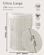 Large Laundry Hamper Laundry Basket Round 34.3 Gal (130 L) Handwoven Wicker Laundry Baskets Rattan Laundry Basket with Laundry Bag Handles 2 Mesh Bags for Living Room Bedroom White